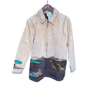 Vintage 80s Leather Jacket Sz S Tan Western Safari Whimsical Animal Patchwork
